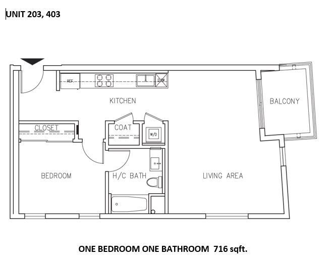 Floor plan of a one-bedroom apartment with a kitchen, living area, bedroom, bathroom, closet, and balcony; 716 sqft.