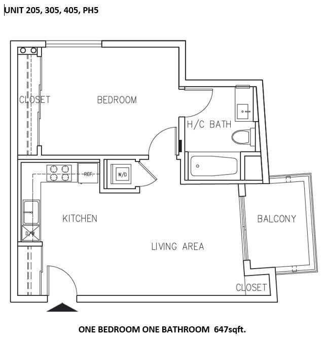 Floor plan of a one-bedroom, one-bathroom apartment with a kitchen, living area, bedroom, and balcony.