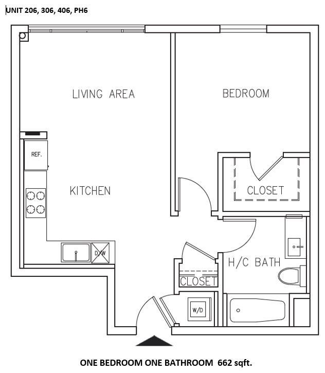 Floor plan of a one-bedroom apartment with a living area, kitchen, bedroom, and bathroom; total of 562 sq ft.