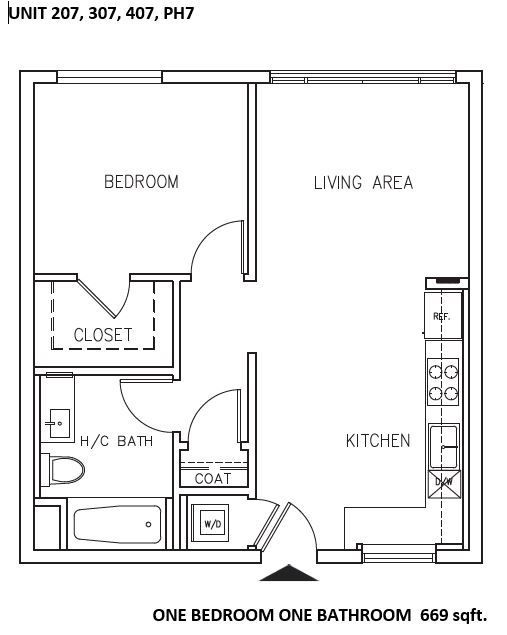 Floor plan of a one-bedroom, one-bathroom apartment; includes a kitchen, living area, bedroom, and closet.