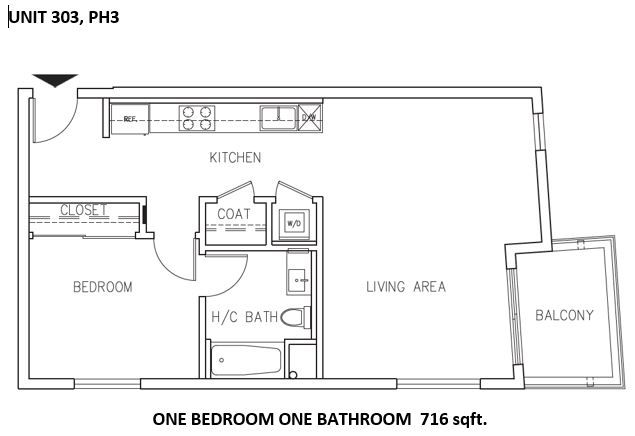 Floor plan of a one-bedroom, one-bathroom apartment (unit 303, PH3) with a kitchen, living area, balcony, and closet; 716 sqft.