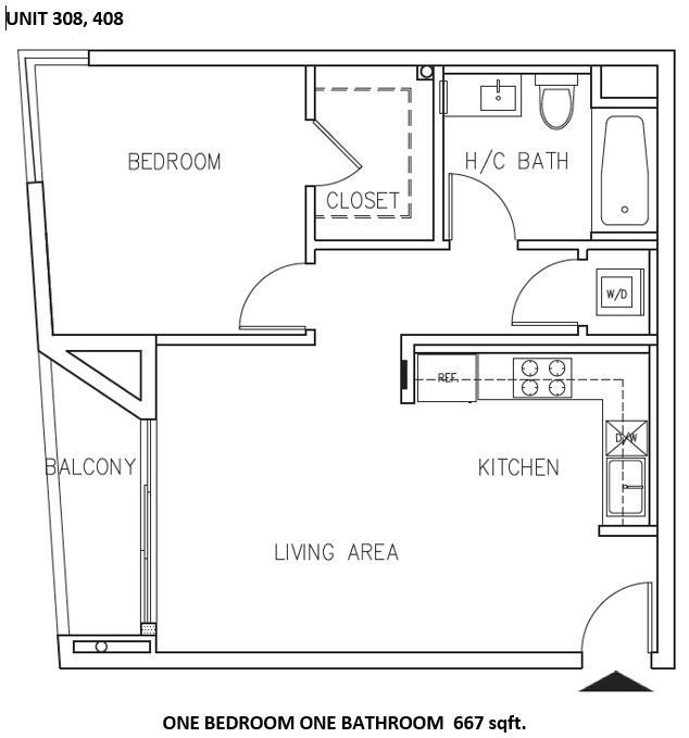 Floor plan of a one-bedroom apartment with a bathroom, closet, balcony, and kitchen.