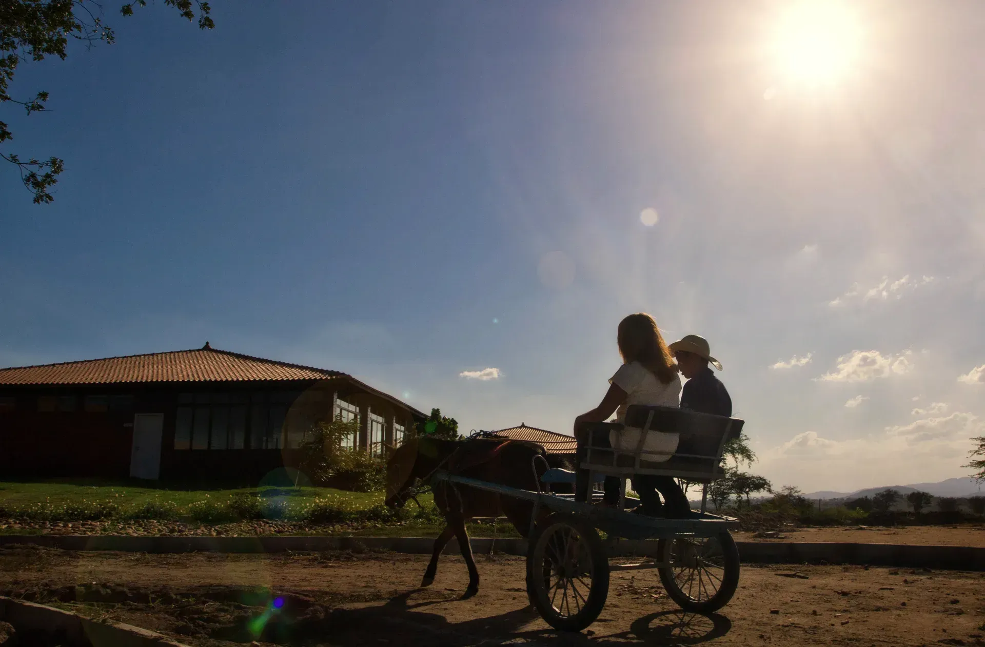 Um homem e uma mulher estão andando em uma carruagem puxada por cavalos.