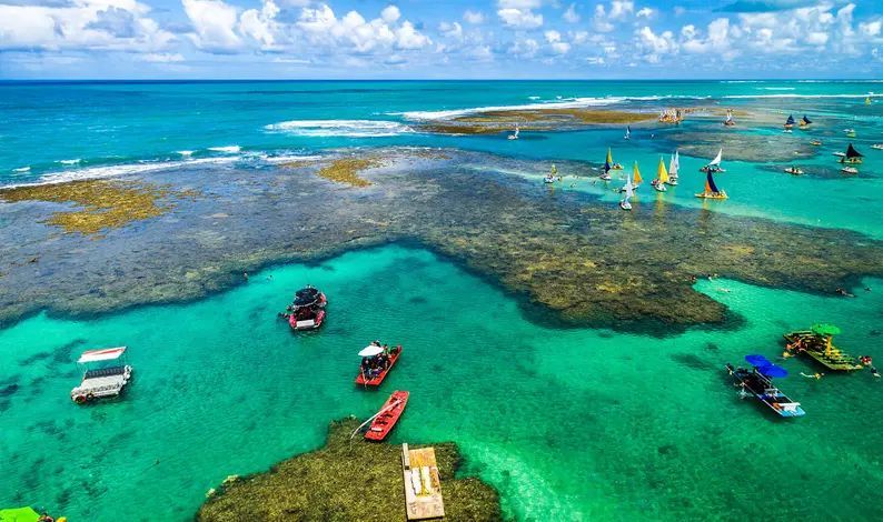 Um grupo de barcos está flutuando em cima de um recife de coral no oceano.