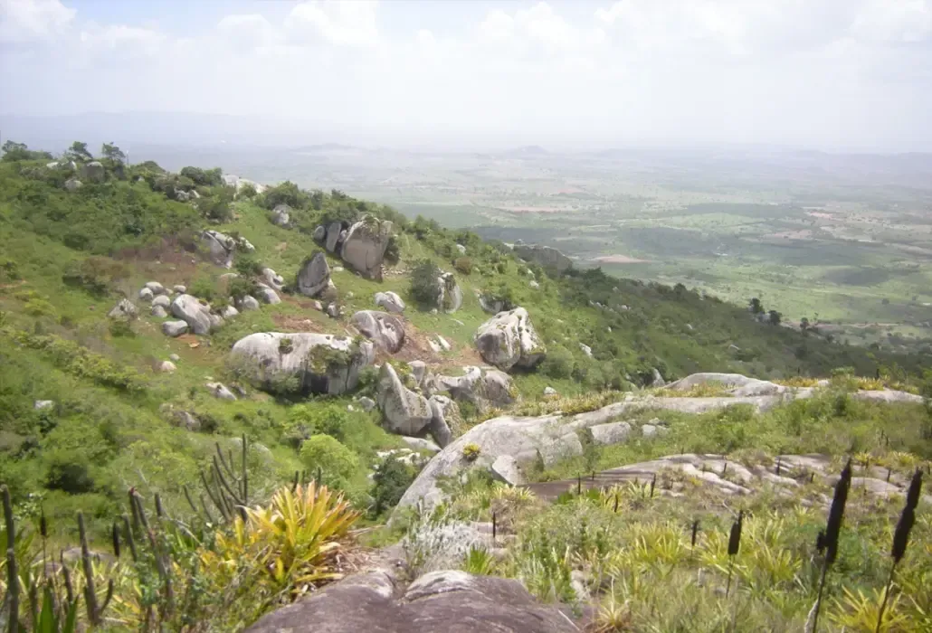 Uma montanha coberta de pedras e grama com vista para um vale abaixo.