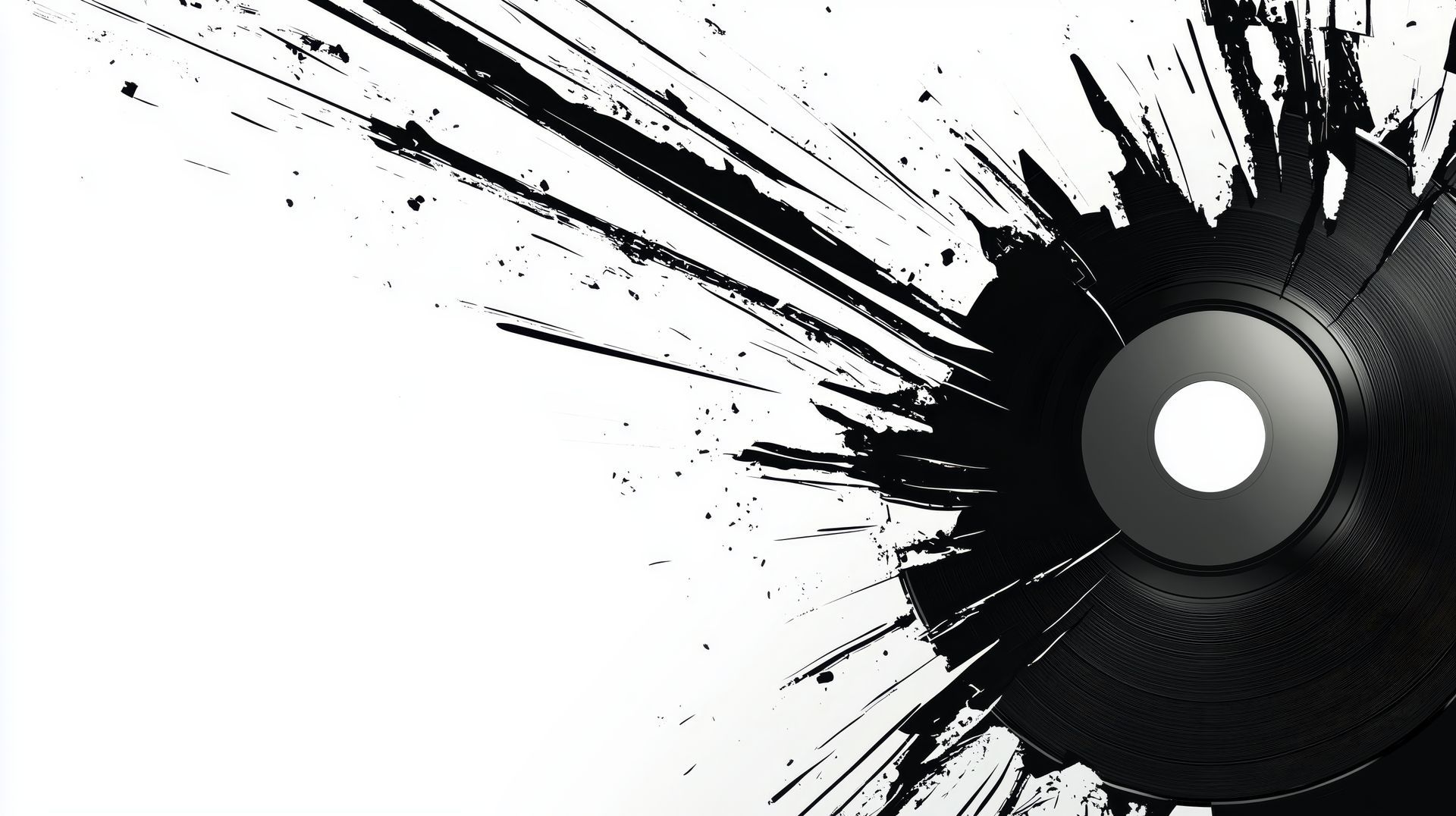 Black vinyl record with ink splatter on white background.