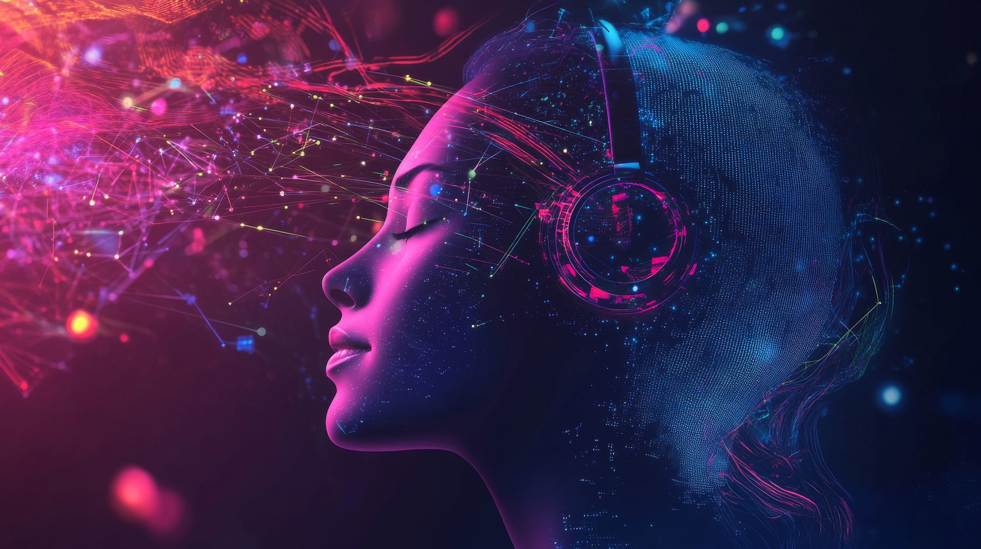 Woman with closed eyes wearing headphones, surrounded by glowing neon-colored digital particles.