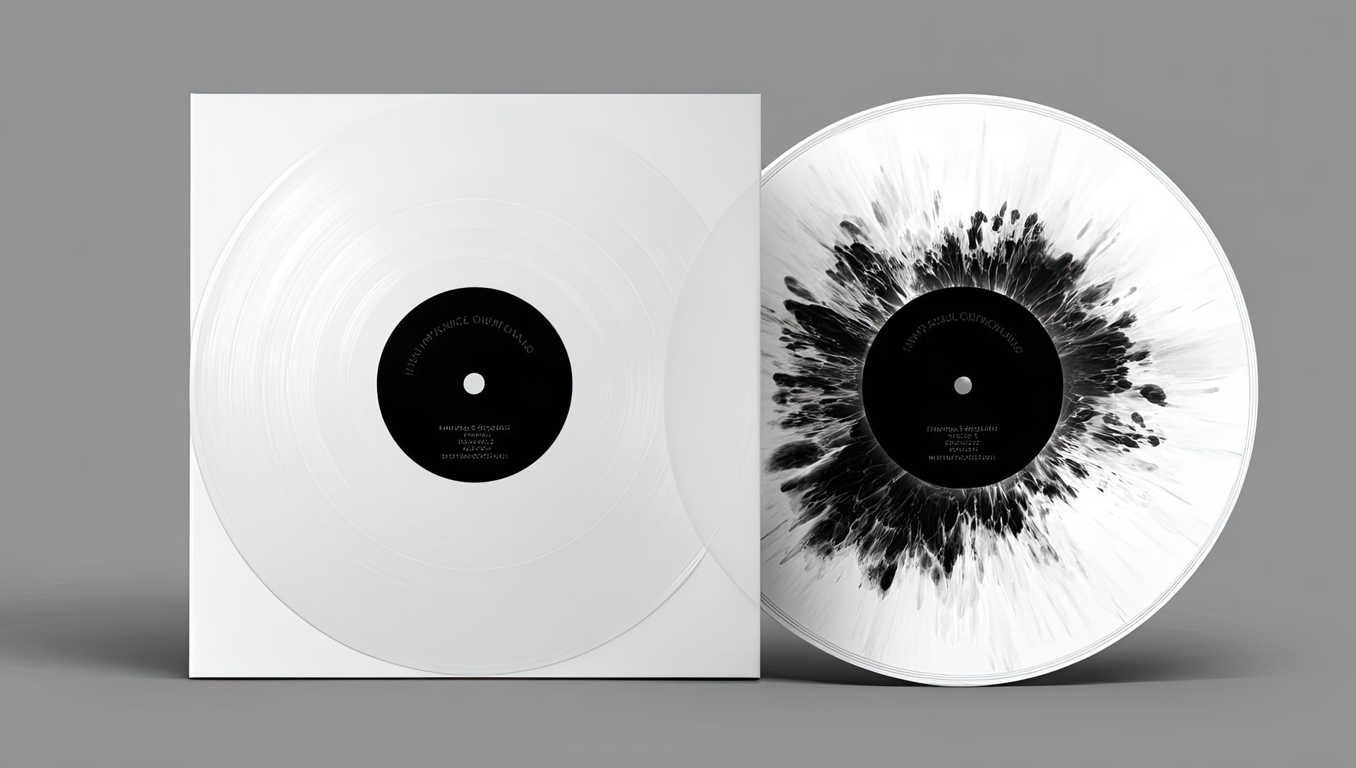 A vinyl record and its white sleeve on a gray background. The record is white with black ink splatter.