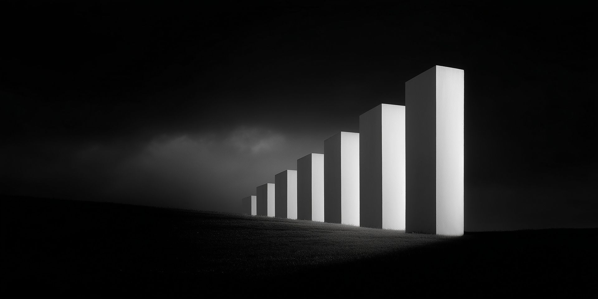 A row of white rectangular columns on a dark, slightly sloped surface, with a dark sky backdrop.