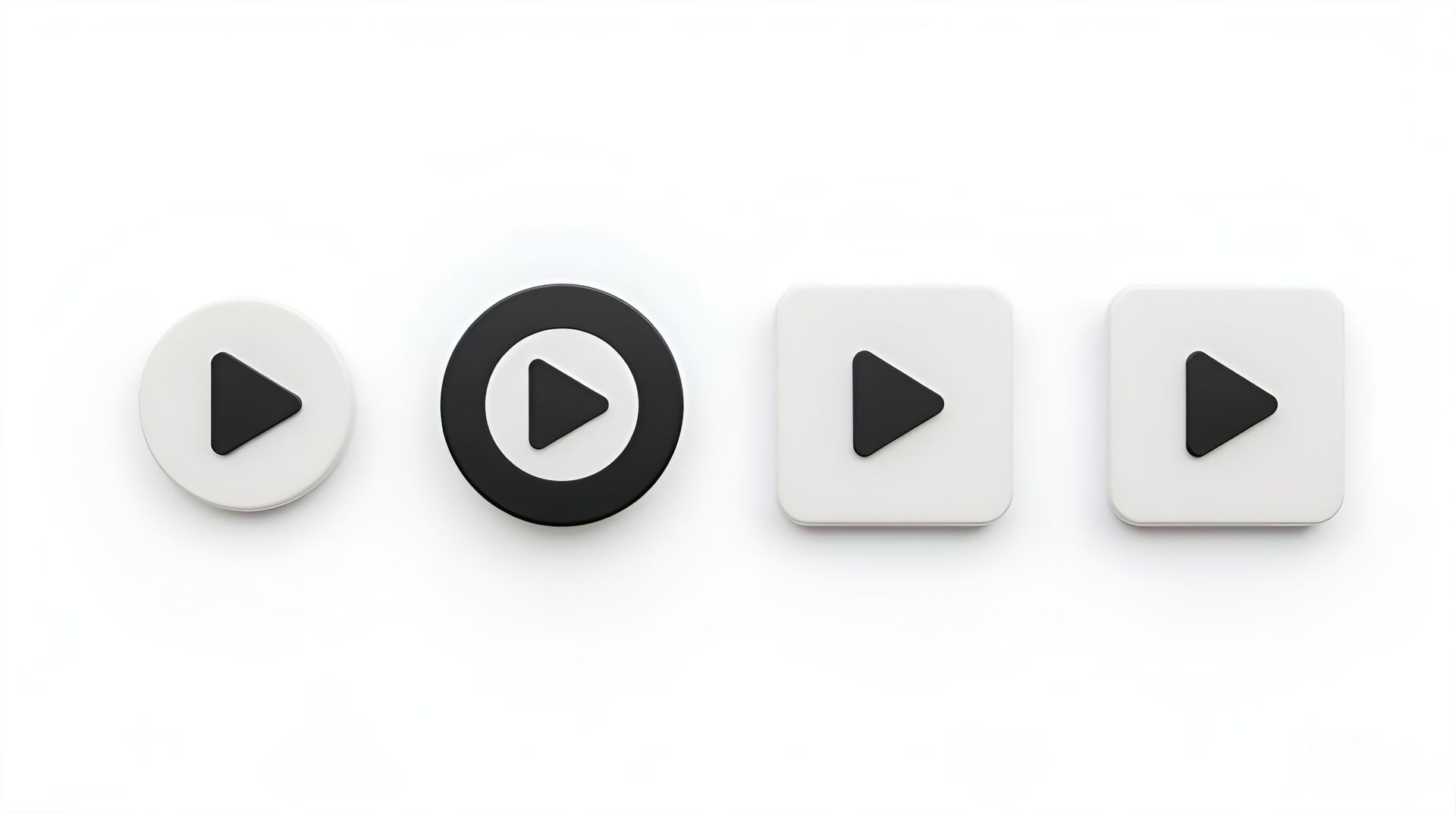 Four different play button icons: circular, ringed circle, and two squares, all with a black triangle on a white background.