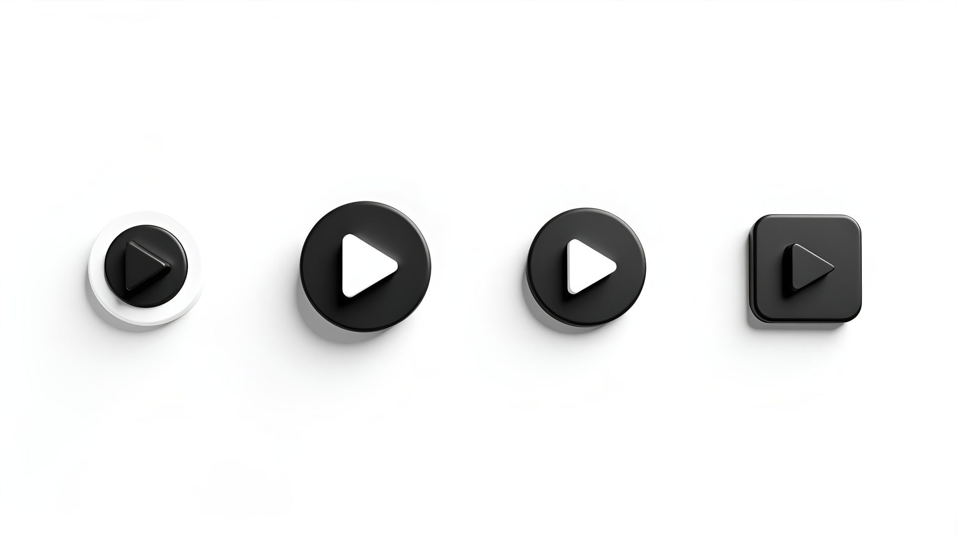 Four black and white play button icons in different shapes and styles.