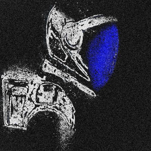 Motorcycle helmet with blue visor, white detailing, set against black, grainy background.