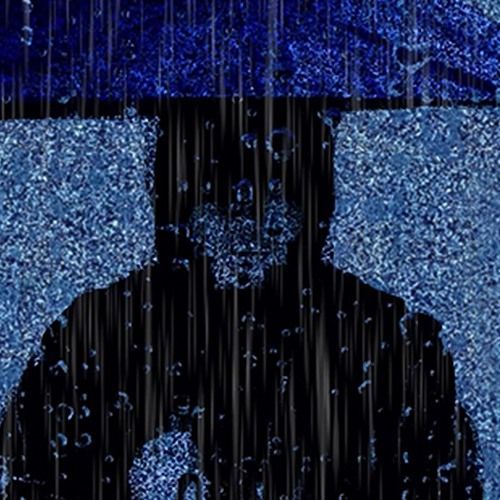 Silhouette of a person under an umbrella in the rain, blue and black tones.