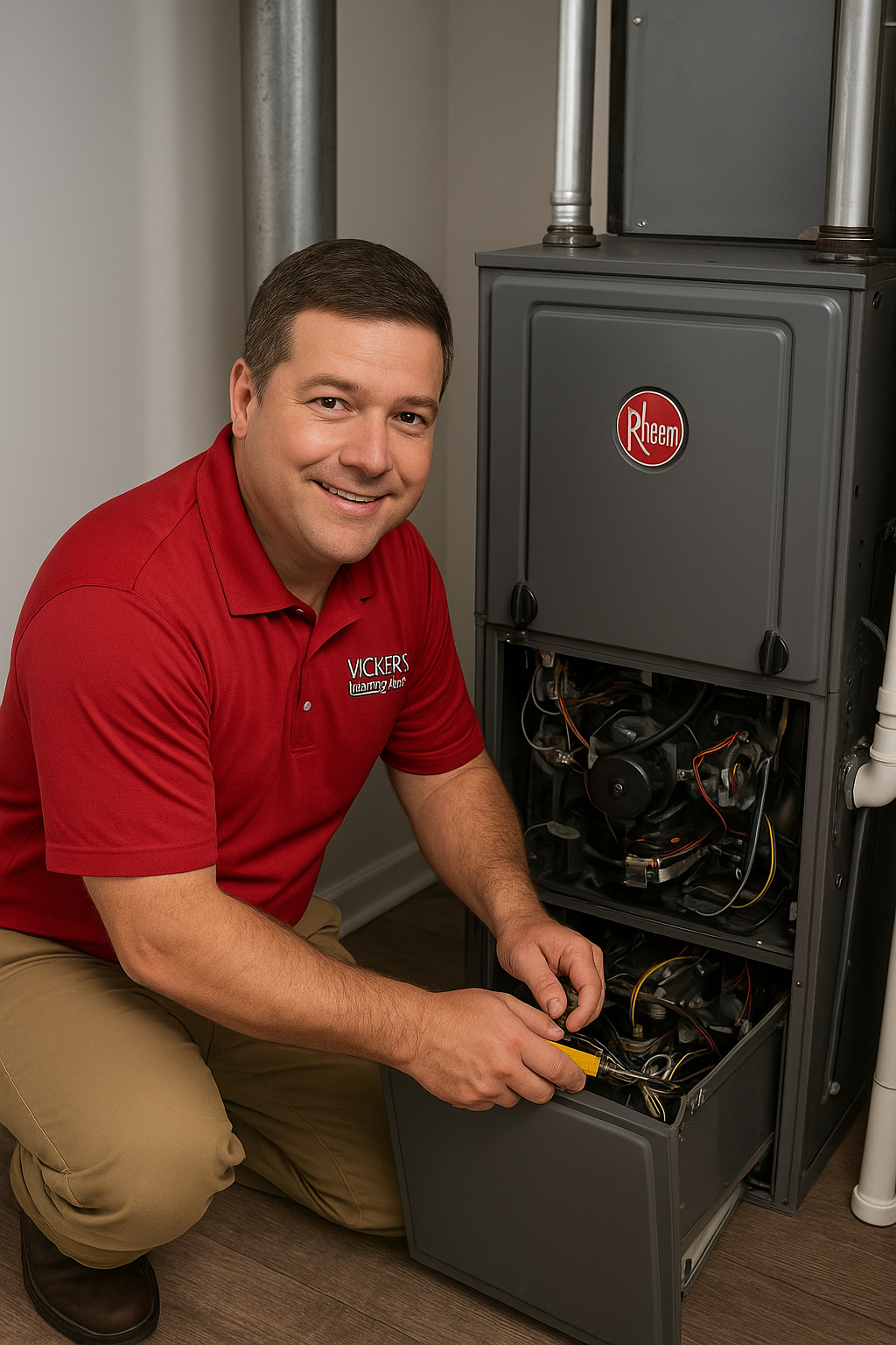 A man checking a heating system, showcasing his expertise as a heating repair contractor. A man checking a heating system, showcasing his expertise as a heating repair contractor.