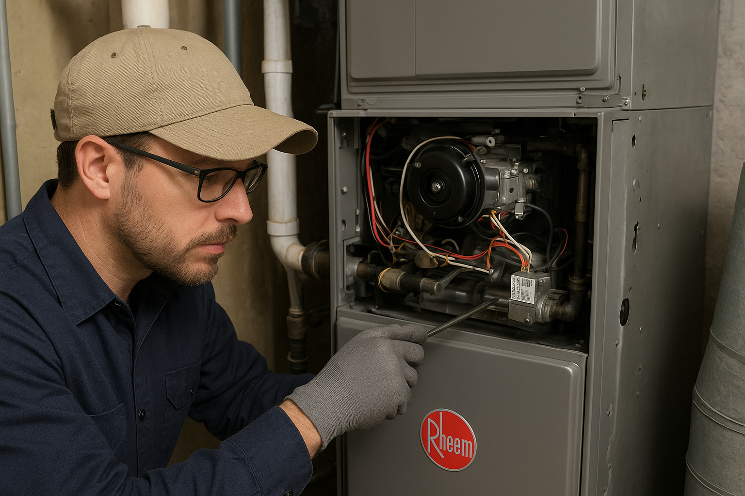 A man is fixing pipes in a room, showcasing his expertise as a heating repair contractor.
