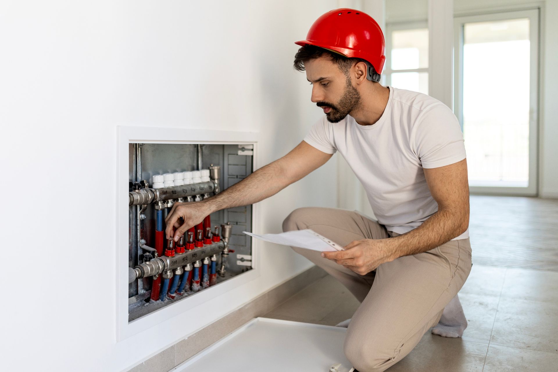 A man checking a heating system, showcasing his expertise as a heating repair contractor.
