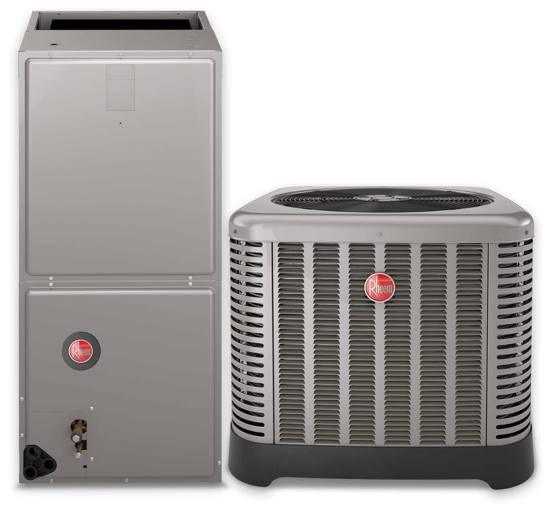 Rheem HVAC system: furnace and outdoor air conditioning unit in a home setting.