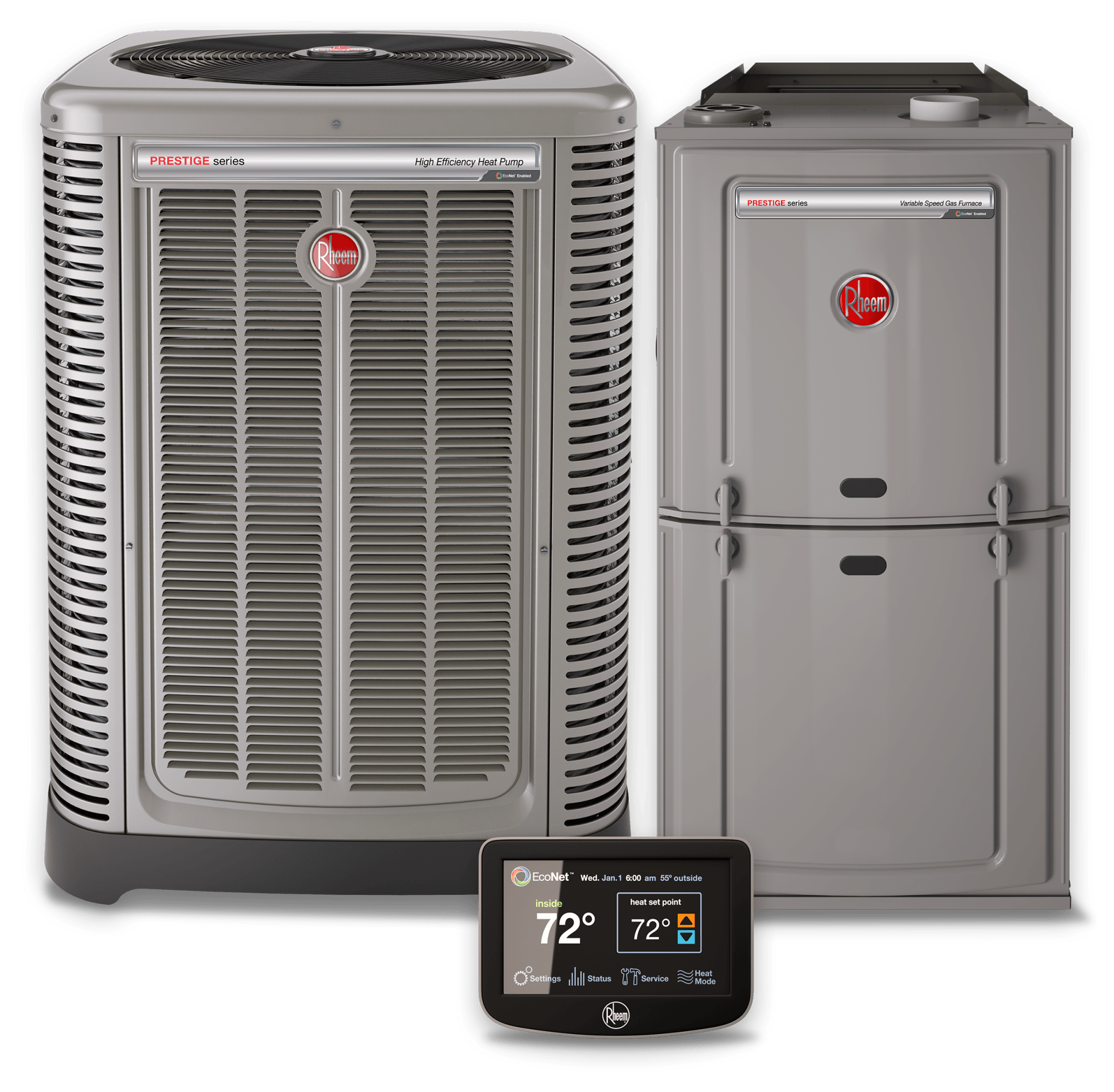 Gray Rheem HVAC system with outdoor unit, indoor unit, and thermostat displaying 72 degrees.