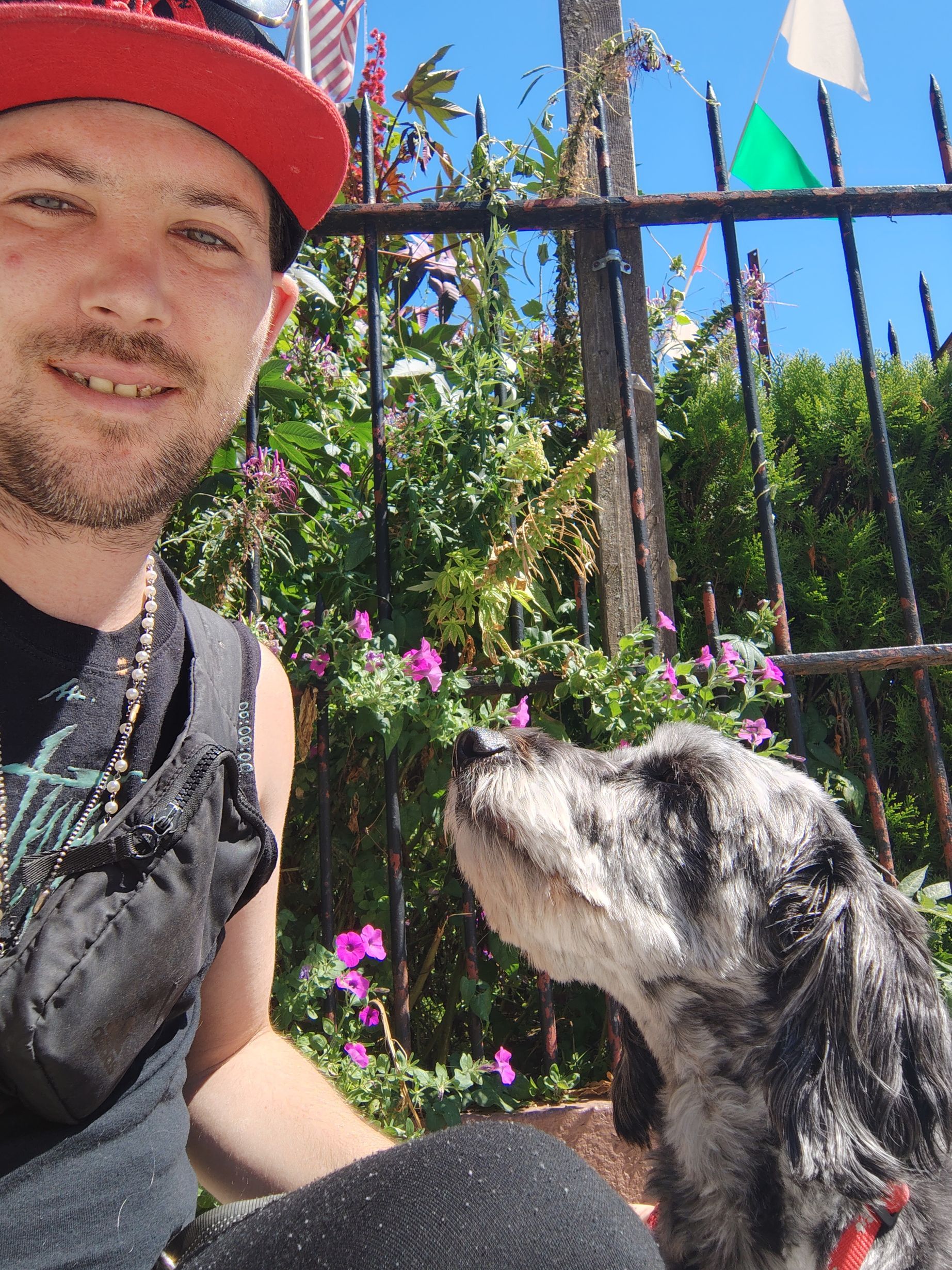 Man in red cap smiles, petting a dog. They're by a fence with flowers, on a sunny day.