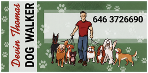 Business card for Devin Thomas, Dog Walker, with phone number and illustration of a man walking multiple dogs.