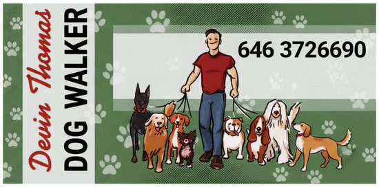 Business card for Devin Thomas, Dog Walker, with phone number and illustration of a man walking multiple dogs.