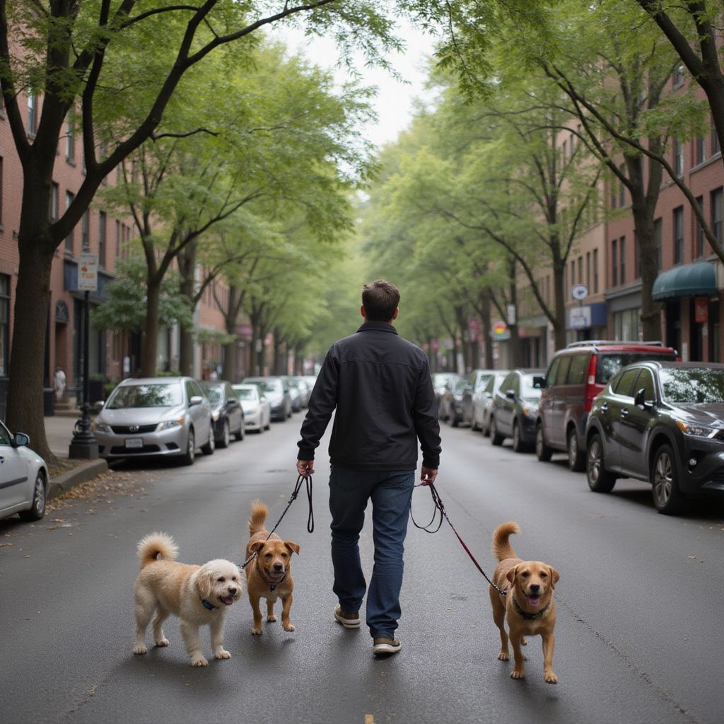 Man walking three dogs down a city street lined with parked cars and trees.