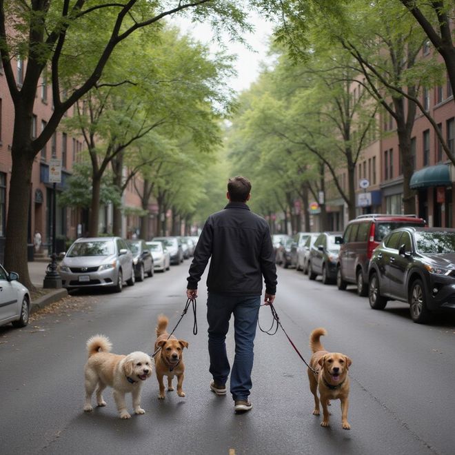 Man walking three dogs down a city street lined with parked cars and trees.