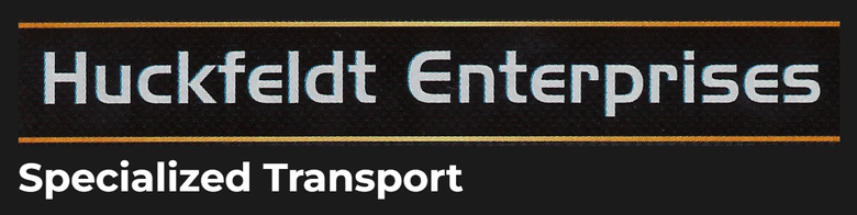 Huckfeldt Enterprises logo in white text with orange line, “Specialized Transport” below on black background