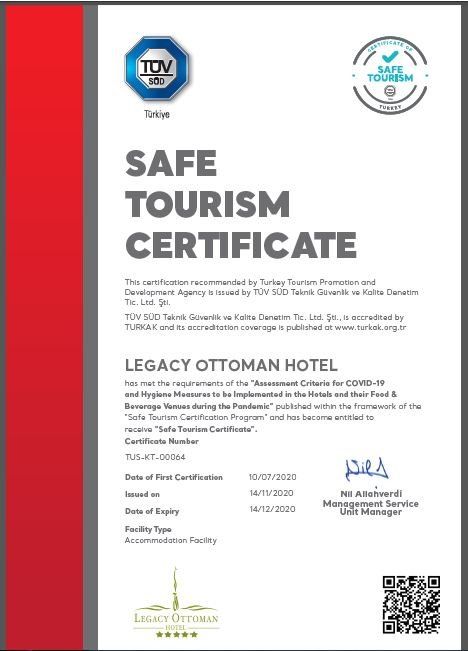 A safe tourism certificate for legacy ottoman hotel