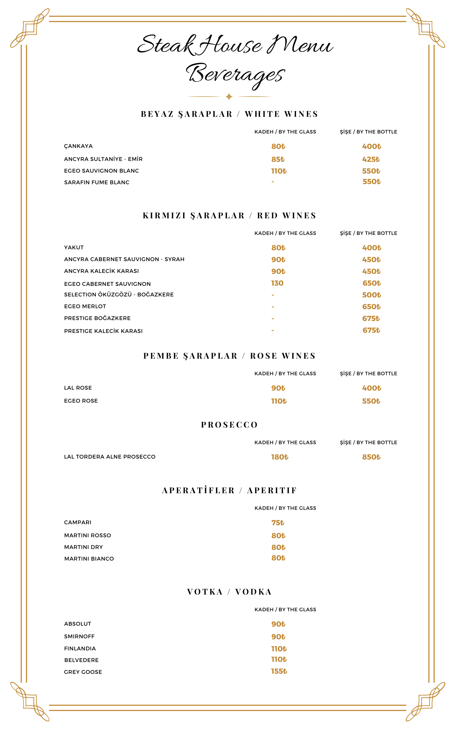 A menu for a restaurant called steak house menu beverages