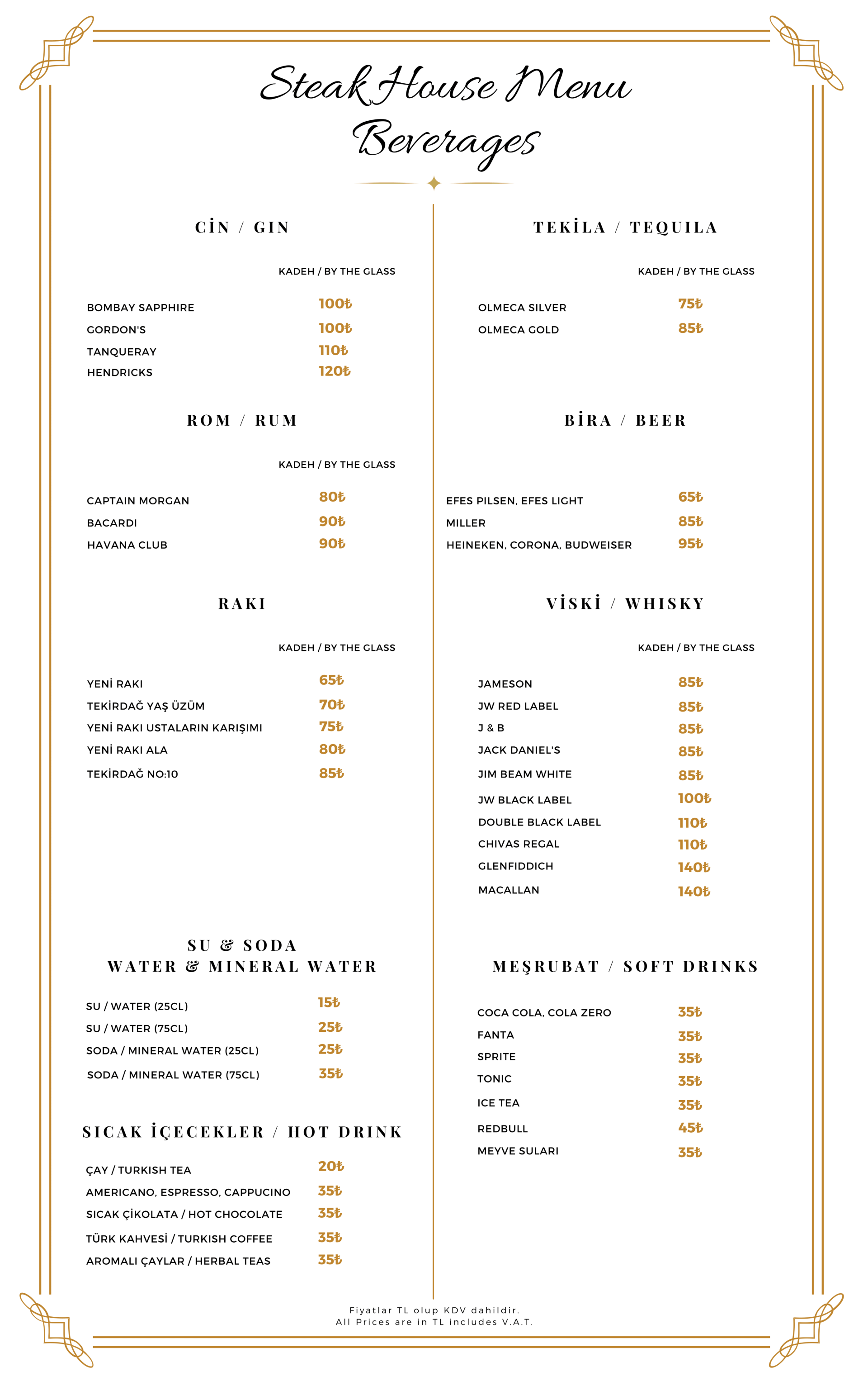 A menu for a restaurant shows a variety of beverages.