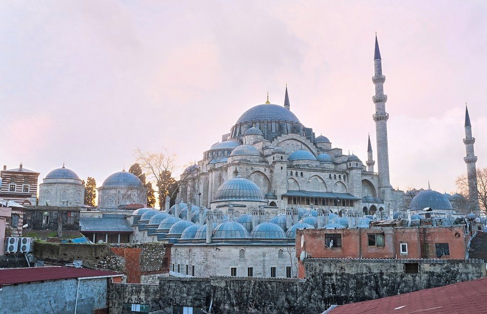 A large mosque with a lot of dome shaped buildings in the background