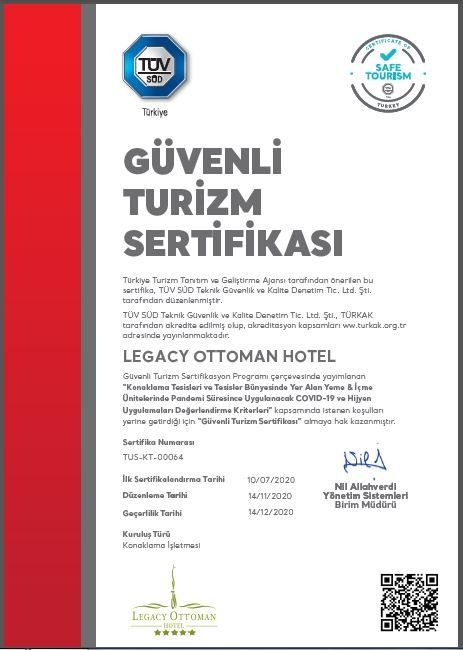 A certificate for legacy ottoman hotel in turkey