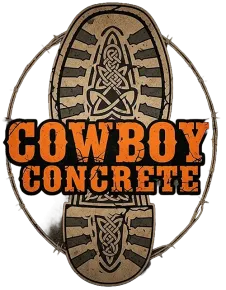 Cowboy Concrete logo: orange text on a boot print, surrounded by barbed wire, with a Celtic knot in the center.
