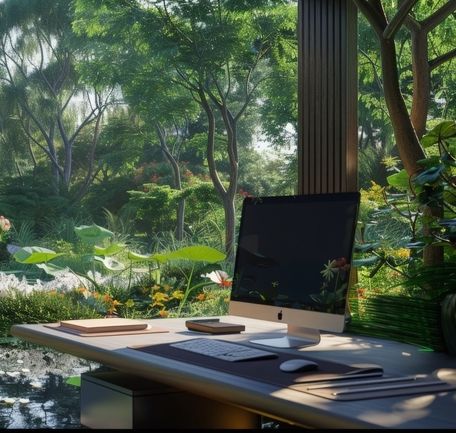A computer sits on a desk in front of a window with trees in the background