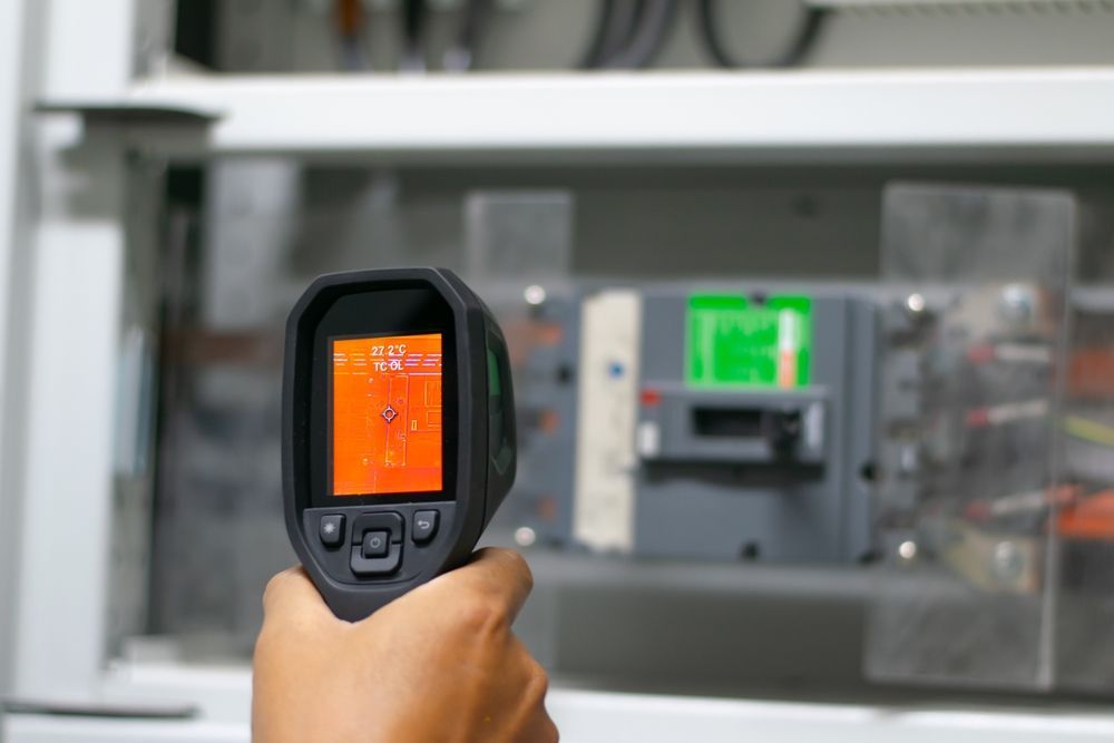 A person is holding a thermometer in front of an electrical box.