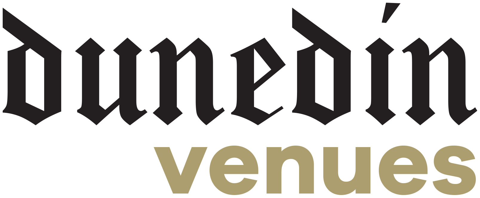The dunedin venues logo is black and gold on a white background.