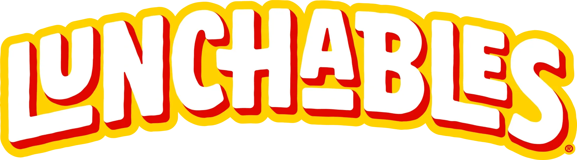 Lunchables logo with white letters and red outline on a yellow background.