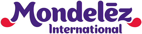 Mondelez International logo in purple with red accents. Text: Mondelez, with