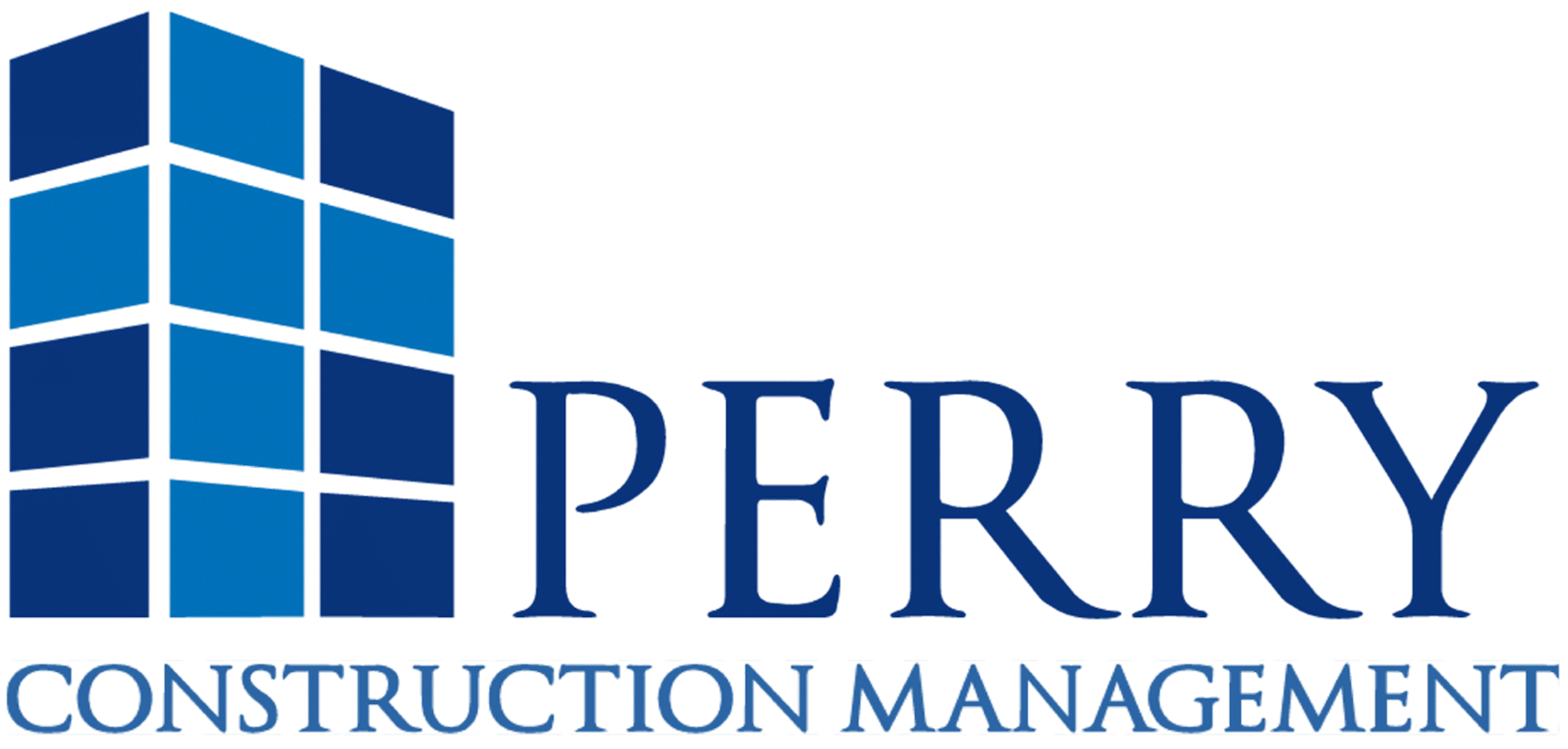 Logo of Perry Construction Management, a blue stylized building with the company name below.