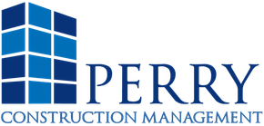Logo of Perry Construction Management, a blue stylized building with the company name below.