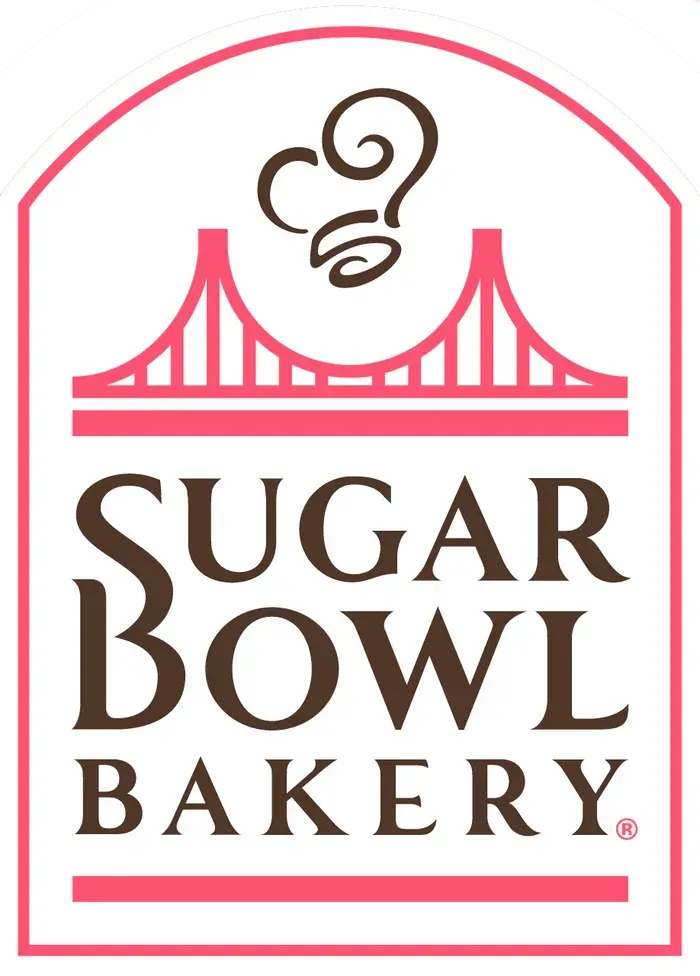 Sugar Bowl Bakery logo with pink Golden Gate Bridge outline, chef's hat, and brown text.