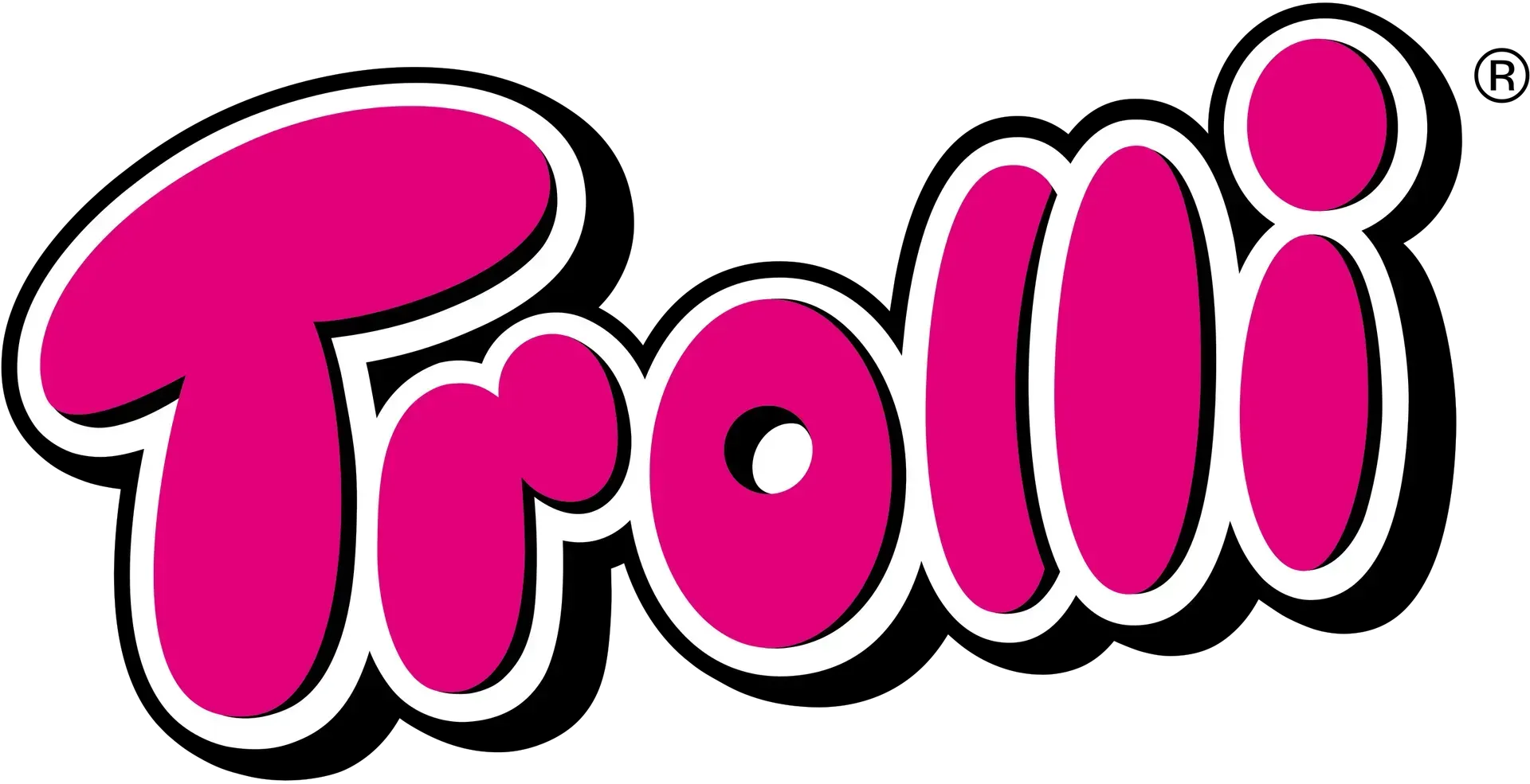 Trolli logo in bright pink with a white outline and black shadow.