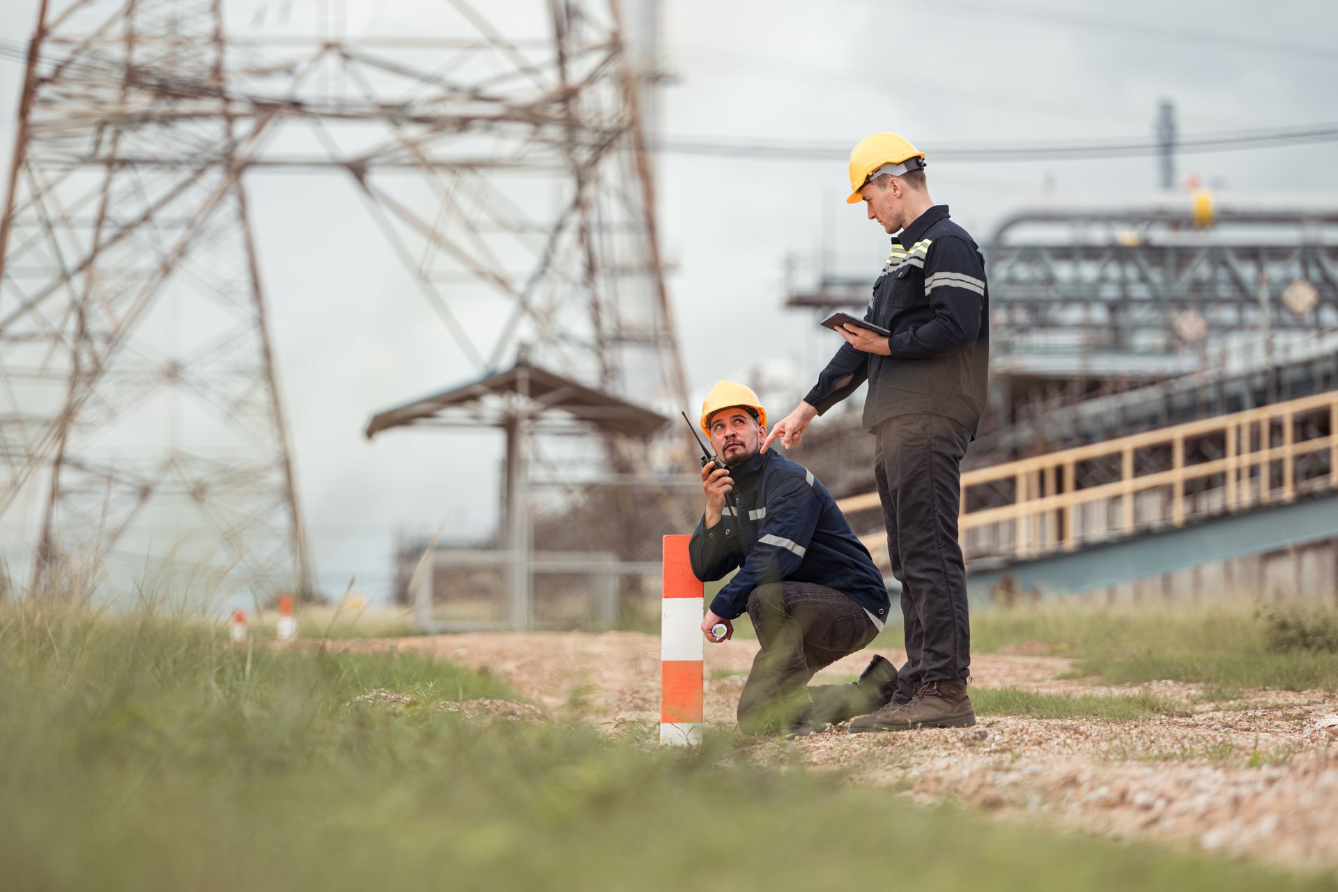 Two workers in safety gear near power lines; one kneels with a radio, the other uses a tablet.