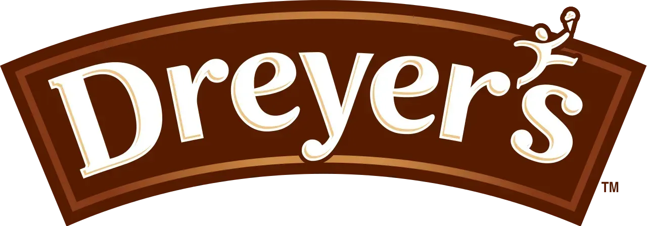 Dreyer's ice cream logo with a brown arch shape and white lettering, with a stylized figure above the