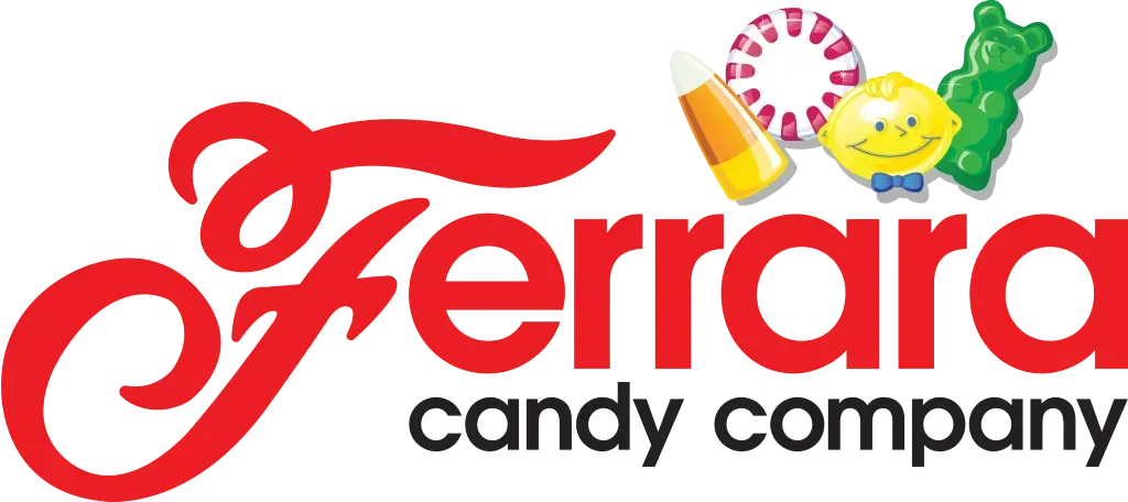 Ferrara Candy Company logo with text and candy illustrations in red and black.