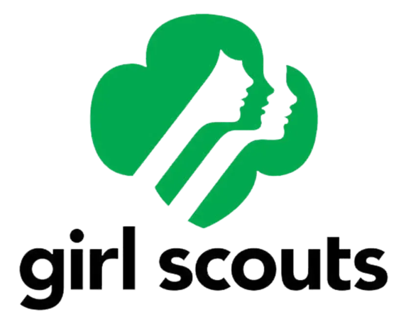 Girl Scouts logo: green trefoil with two girl profiles, "girl scouts" in black below.