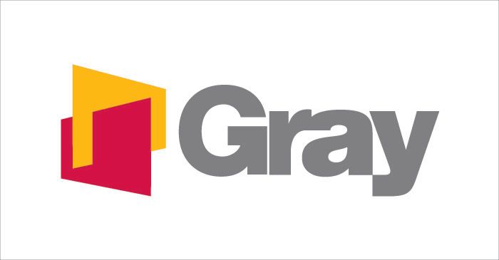 Gray logo with stacked yellow and red shapes. Gray wordmark to the right.