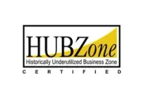 HUBZone Certified logo with black text in a box, gold rising arrow.