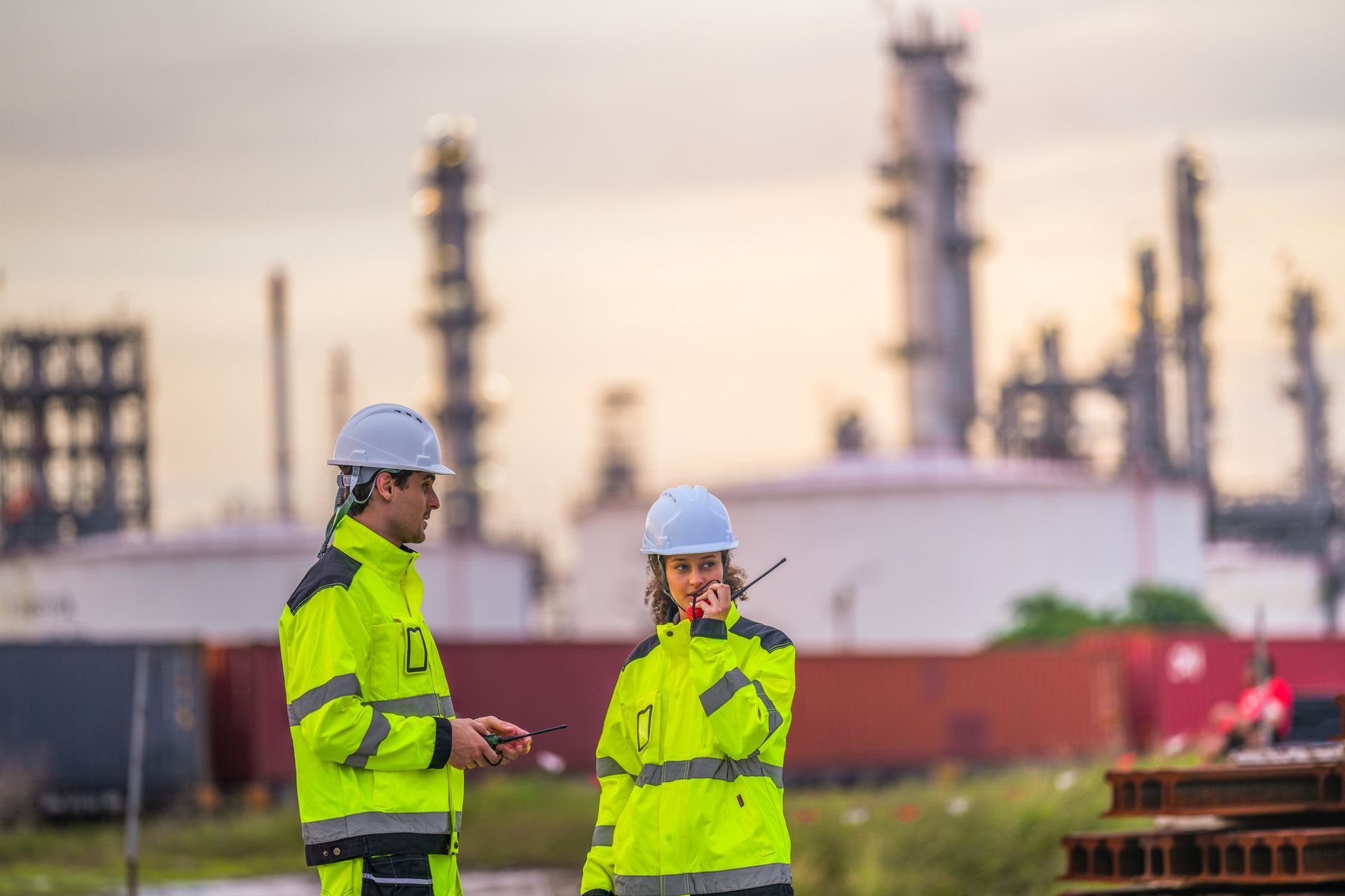 Two people in safety gear at an industrial site; one speaks into a radio, other looks on.